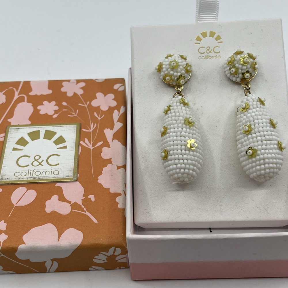 White & Yellow Seed Bead Teardrop‎ Dangle Earrings Pierced C&C California